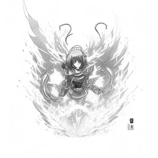 A dynamic anime scene showcasing a powerful character in action with intricate details and shading tattoo design idea