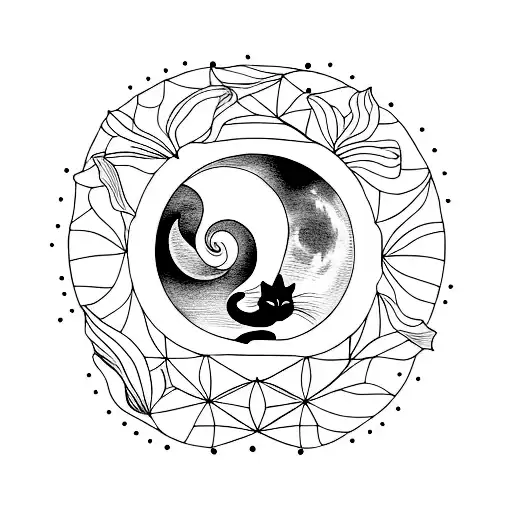 Lily, moon, cat, wine tattoo design idea