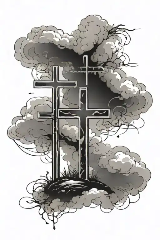 three crosses with clouds floating  tattoo design idea