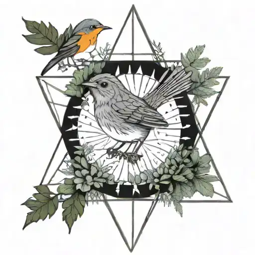 A fern, a robin, within a triangle to symbolise family, lit up by a light tattoo design idea