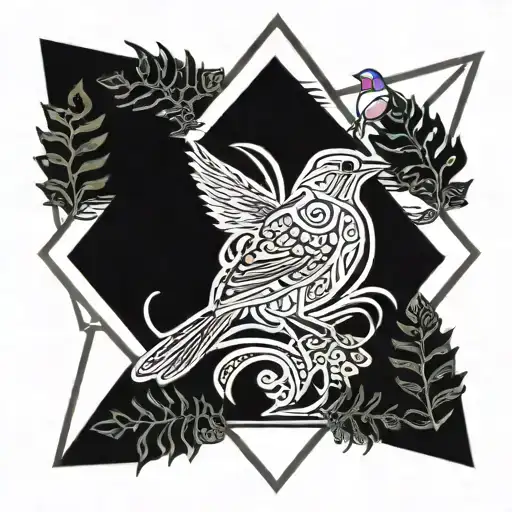 A fern, a robin, within a triangle to symbolise family, lit up by a light tattoo design idea