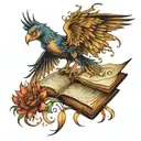 Create me a tattoo with images coming out of a book that includes Harry Potter dobby the house elf and the phoenix, Four tattoo design idea