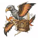 Create me a tattoo with images coming out of a book that includes Harry Potter dobby the house elf and the phoenix, Four tattoo design idea