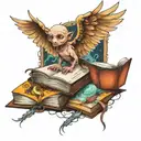 Create me a tattoo with images coming out of a book that includes Harry Potter dobby the house elf and the phoenix, Four tattoo design idea