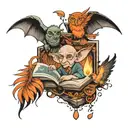 Create me a tattoo with images coming out of a book that includes Harry Potter dobby the house elf and the phoenix, Four tattoo design idea