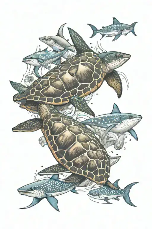 sea turtle manta ray whale shark surrounded tattoo design idea