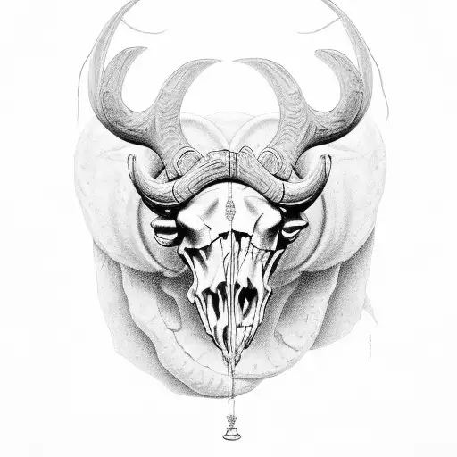 The central focus should be a detailed ram skull, exuding strength and mystery, with a pentagram subtly positioned behin tattoo design idea