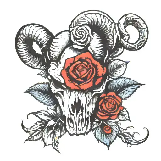 ram skull with roses tattoo design idea