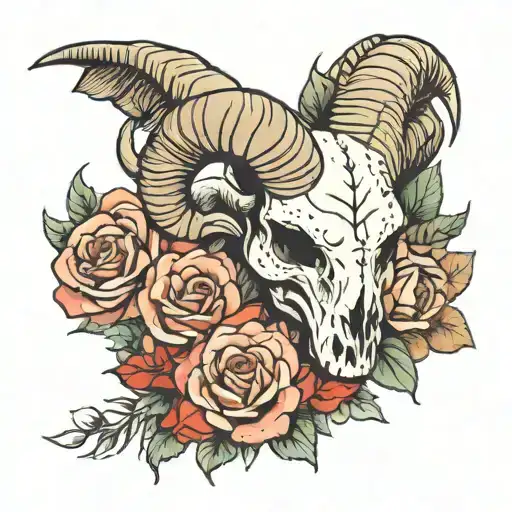 ram skull with roses tattoo design idea