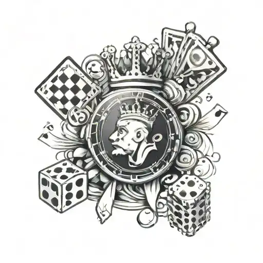 A unique tattoo design combining dice, king and queen chess rooks, a money symbol, poker chips and playing cards design  tattoo design idea