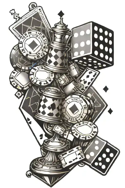 A unique tattoo design combining dice, king and queen chess rooks, a money symbol, poker chips and playing cards design  tattoo design idea