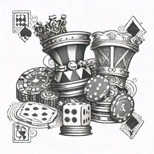 A unique tattoo design combining dice, king and queen chess rooks, a money symbol, poker chips, and cards tattoo design idea