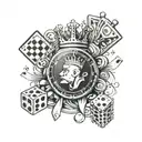 A unique tattoo design combining dice, king and queen chess rooks, a money symbol, poker chips and playing cards design  tattoo design idea