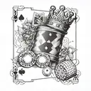A unique tattoo design combining dice, king and queen chess rooks, a money symbol, poker chips and playing cards design  tattoo design idea