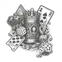 A unique tattoo design combining dice, king and queen chess rooks, a money symbol, poker chips and playing cards design  tattoo design idea