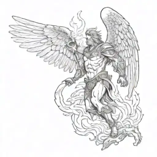 The angel Prometheus, fighting a huge hawk, carries a magic fire tattoo design idea
