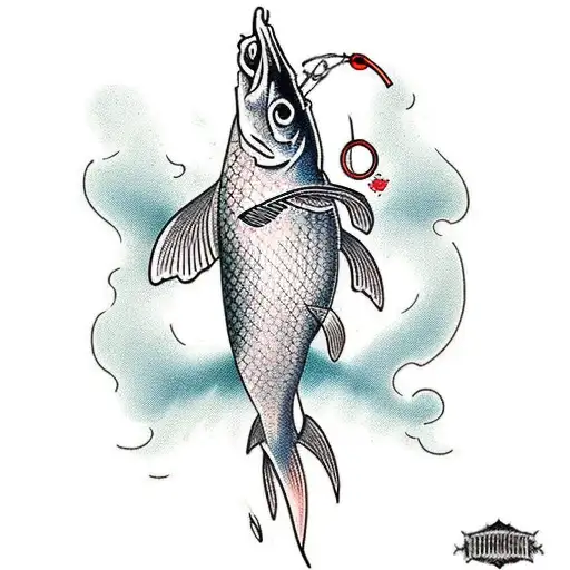 a carp jumping out of the water with a hook in its mouth  tattoo design idea