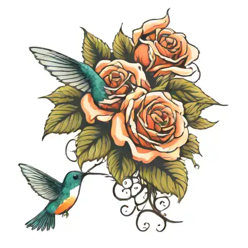 roses with a small hummingbird and butterfly  tattoo design idea