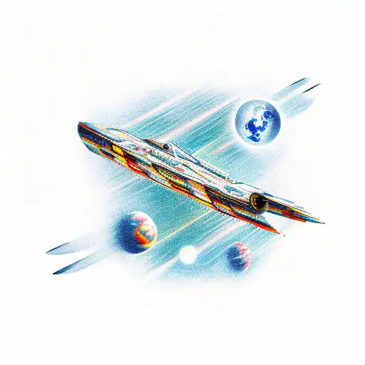 A realistic depiction of a wooden spaceship floating in space tattoo design idea