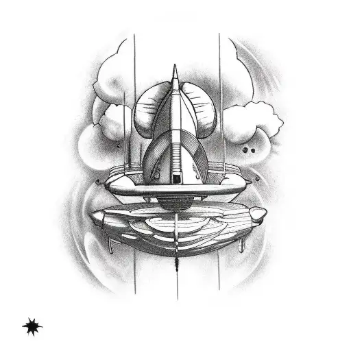A realistic depiction of a wooden spaceship floating in space tattoo design idea