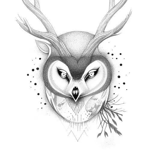 dark forest with moon deer and owl tattoo design idea