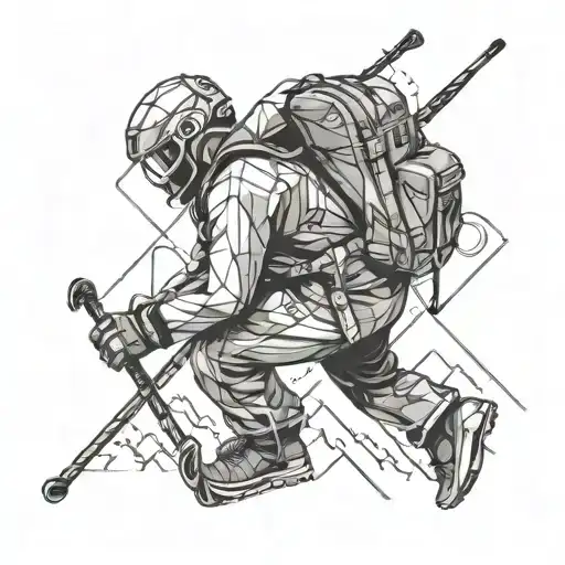 A dynamic composition of a climber reaching the summit of a mountain peak, with a hockey stick strapped to their backpack, showcasing a blend of interests in climbing and hockey tattoo design idea