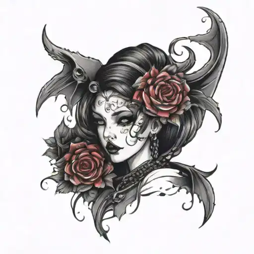 beautiful gothic style onime babe tattoo design idea