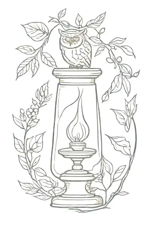 A minimal, one line vertical design of mustard seed, an old oil lamp, an owl, and some olive branches. tattoo design idea