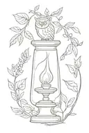 A minimal, one line vertical design of mustard seed, an old oil lamp, an owl, and some olive branches. tattoo design idea