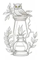 A minimal, one line vertical design of mustard seed, an old oil lamp, an owl, and some olive branches. tattoo design idea