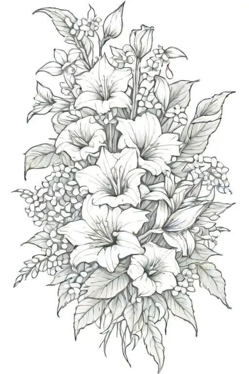 bouquet with morning glory's, delphiniums, lily of the valleys, and daffodils tattoo design idea