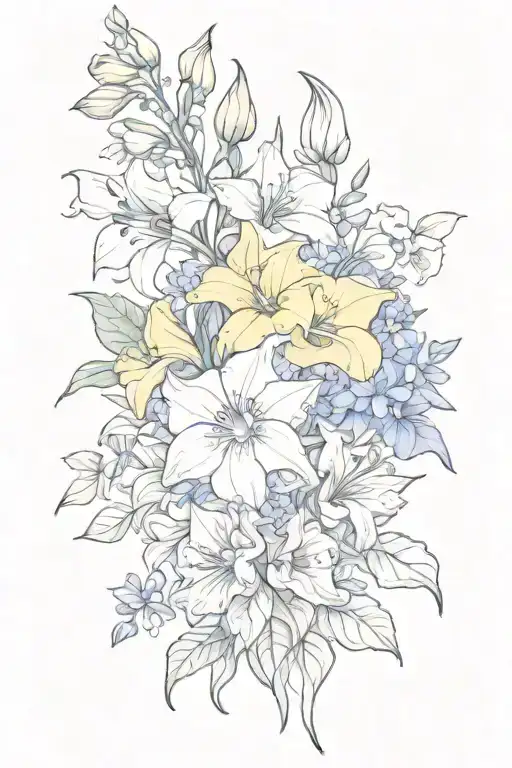 bouquet with morning glory's, delphiniums, lily of the valleys, and daffodils tattoo design idea