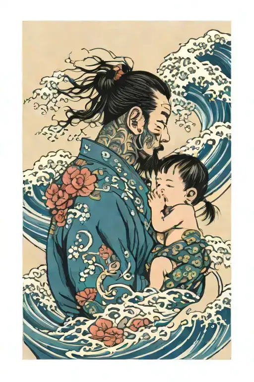 father and newborn daughter with waves tattoo design idea
