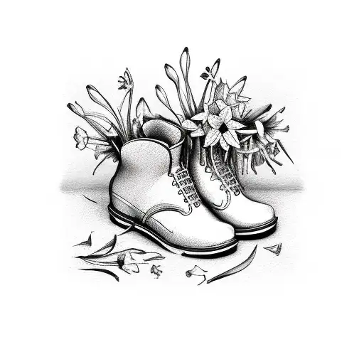 A hiking boot stepping on a sheet of music with daffodils and honeysuckles growing from the notes tattoo design idea