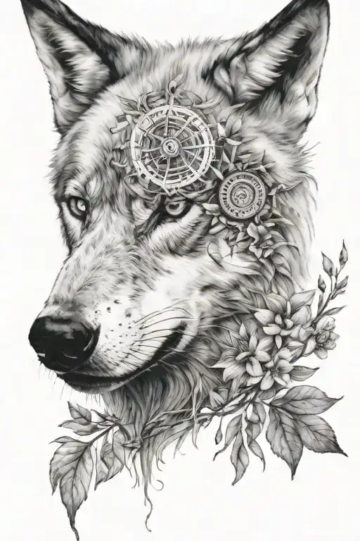 realistic black and white.  wolf with compass in eye. around the wolf there is vines and flowers.  tattoo design idea