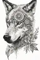 realistic black and white.  wolf with compass in eye. around the wolf there is vines and flowers.  tattoo design idea