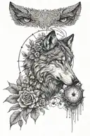 realistic black and white.  wolf with compass in eye. around the wolf there is vines and flowers.  tattoo design idea