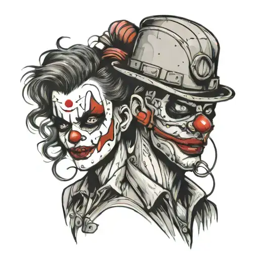 welder with mask up and girl clown face tattoo design idea