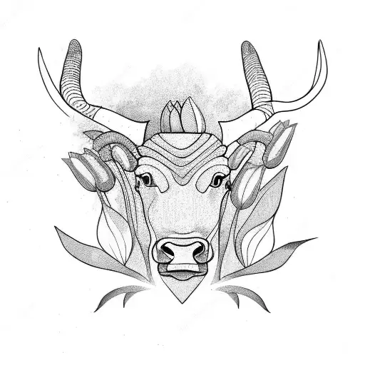 cool taurus bull with tulips flowers tattoo design idea