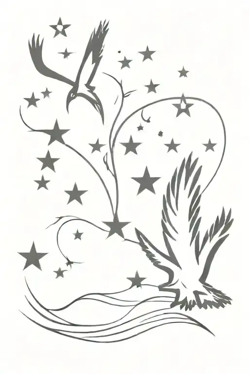 brush stroke 3 stars and a sun with an eagle tattoo design idea