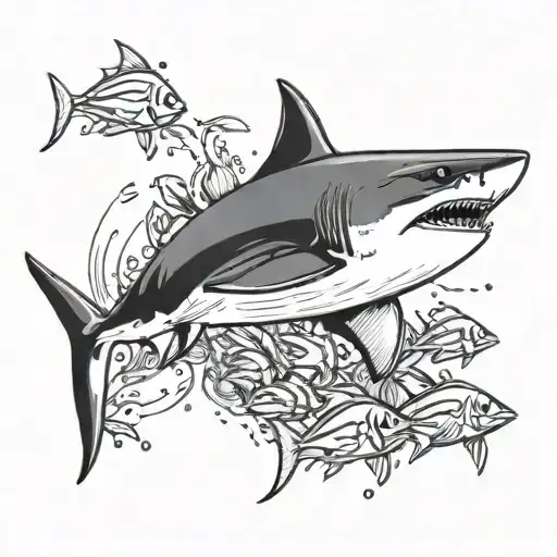 A majestic great white shark swimming through a school of colorful fish in a coral reef tattoo design idea