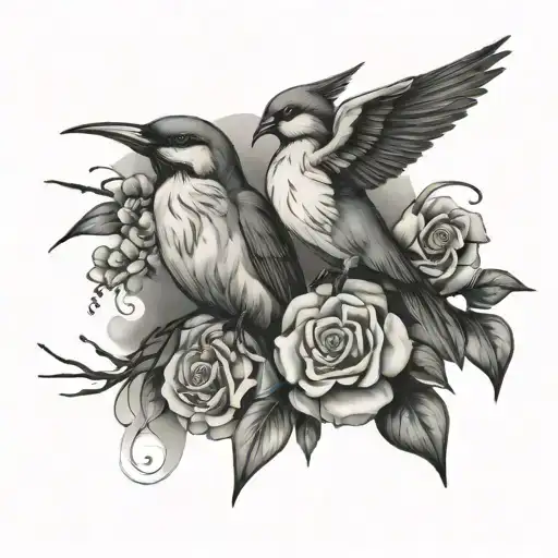 birds and rosarios and clouds tattoo design idea