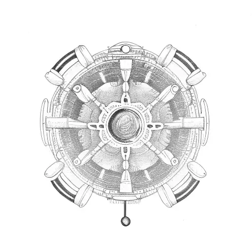 A ship steering wheel surrounded by weightlifting equipment tattoo design idea