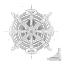 A ship steering wheel surrounded by weightlifting equipment tattoo design idea