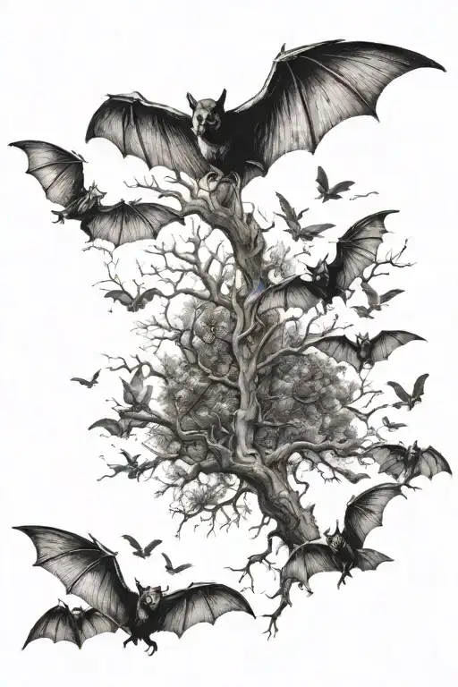 posion tree and bats flying across tattoo design idea