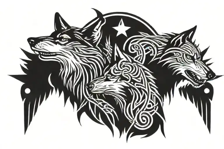 a wolf, two ravens of Odin tattoo design idea