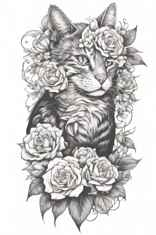 an cat with a flower bouquet tattoo design idea