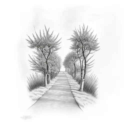 A path with Trees, rushes, ivy and rose bush tattoo design idea