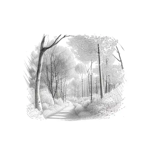 A path with Trees, rushes, ivy and rose bush tattoo design idea