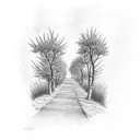 A path with Trees, rushes, ivy and rose bush tattoo design idea